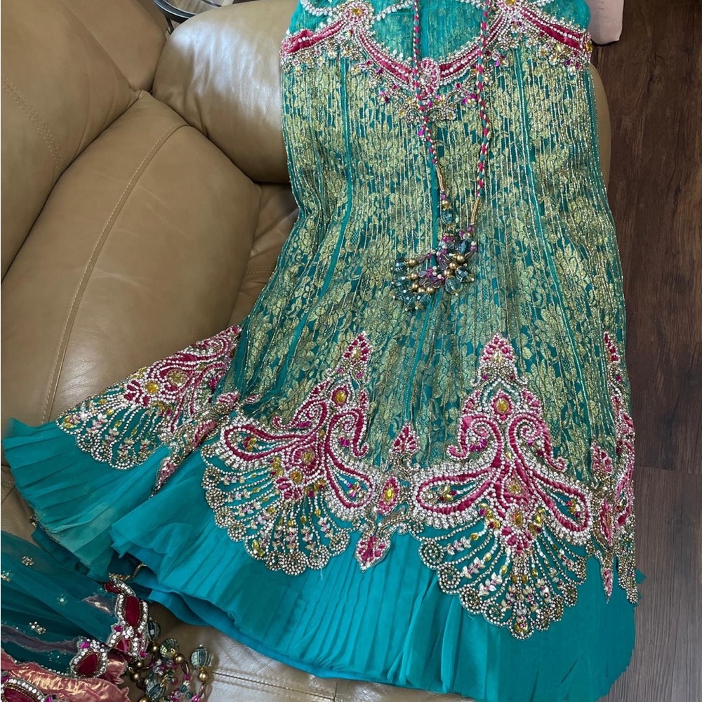 Embellished Teal and Pink Top Lengha - Picture 6 of 13